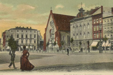 Rynek w Raciborzu, pocztówka, 1899-1906. Źródło: Biblioteka Narodowa / polona.pl