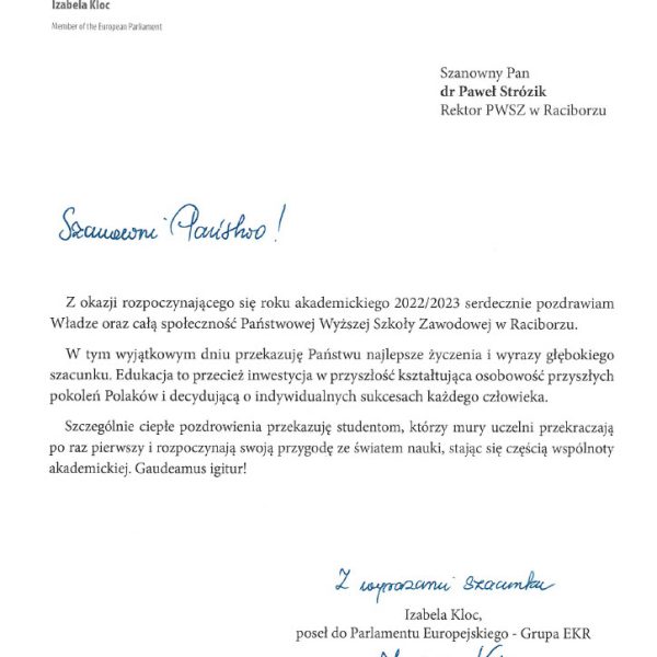 List gratulacyjny - Pose┼é do PE Izabela Kloc1024_1