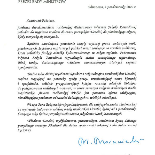 List gratulacyjny - Premier Mateusz Morawiecki (20-lecie)1024_1