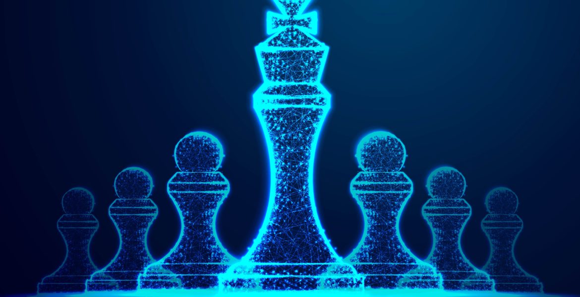 Leader success concept. queen chess figure as symbol of leadership. Successful challenge. Abstract wireframe design. From connecting dot and line. Vector Illustration