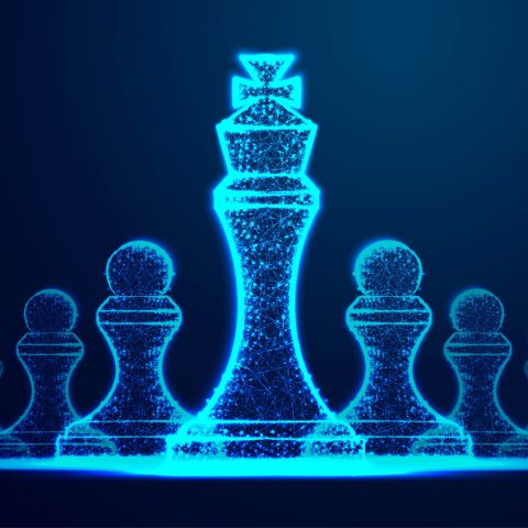 Leader success concept. queen chess figure as symbol of leadership. Successful challenge. Abstract wireframe design. From connecting dot and line. Vector Illustration