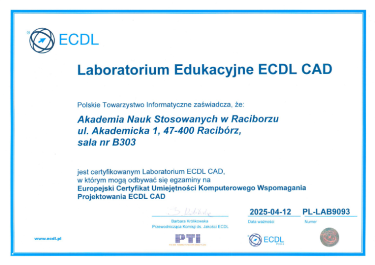 certyfikat ECDL CAD sala nr B303 2025