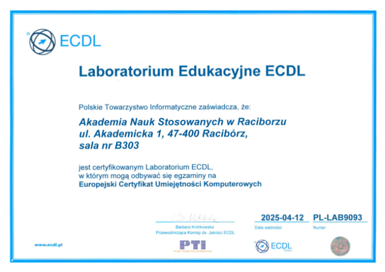 certyfikat ECDL sala nr B303 2 2025